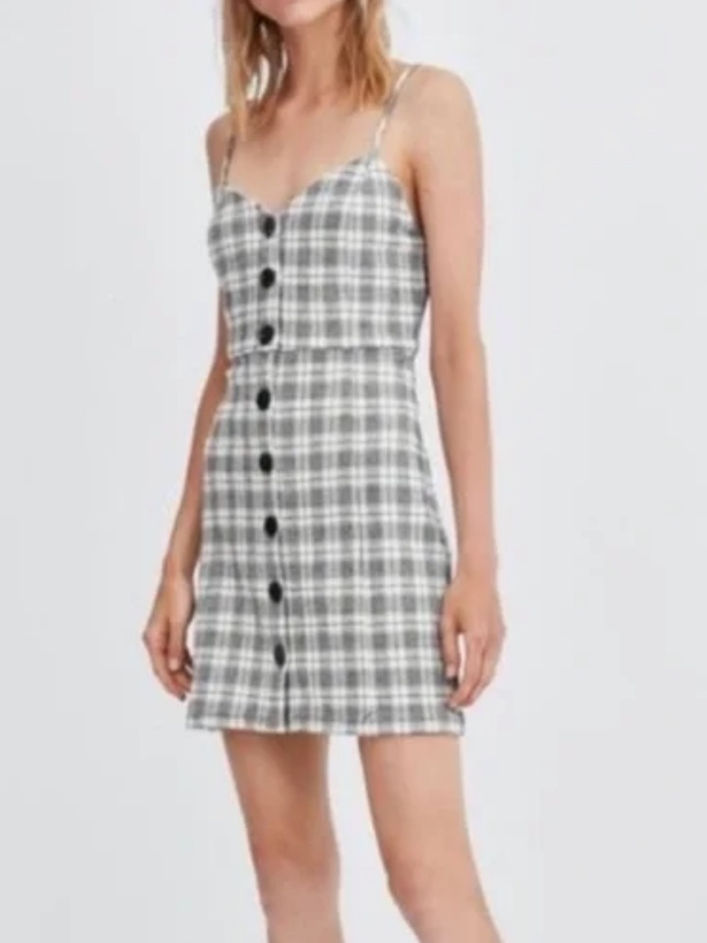Zara TRF Collection Gray Plaid Button-Front Spaghetti Strap Mini Dress
